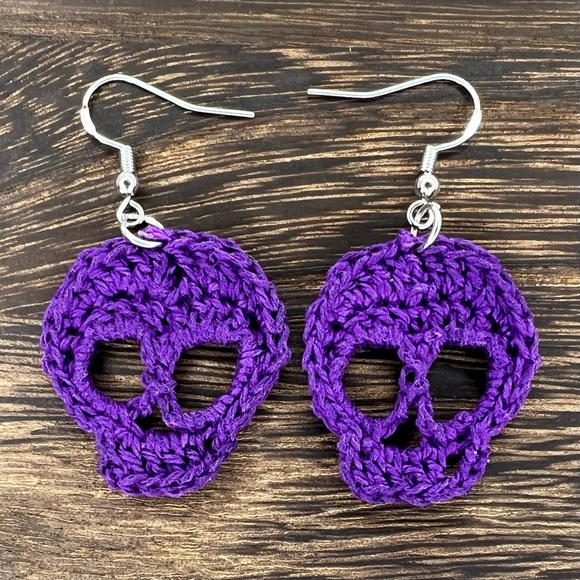 Hand Crafted Jewelry - Handmade Crochet Skull Earrings on Hypoallergenic White Gold Plated Hooks Purple
